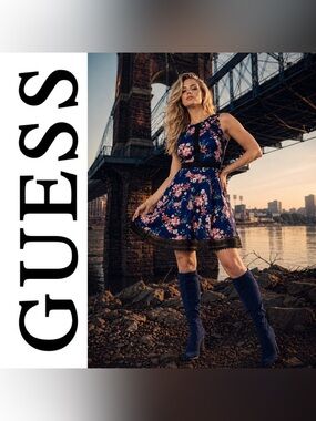 Guess Blue & Black Lace Trim Sleeveless Floral Mini Dress, Size 16, EUC!